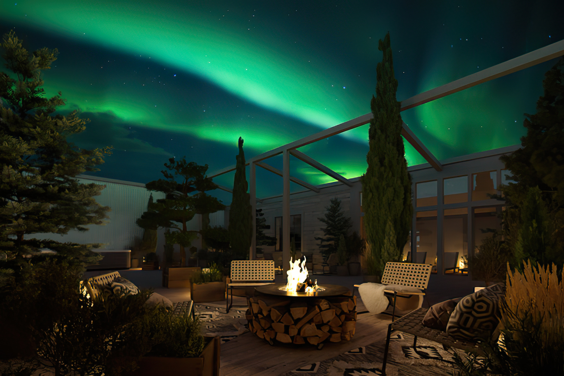 A fire pit sits in the middle of a modern rooftop deck under the green northern lights